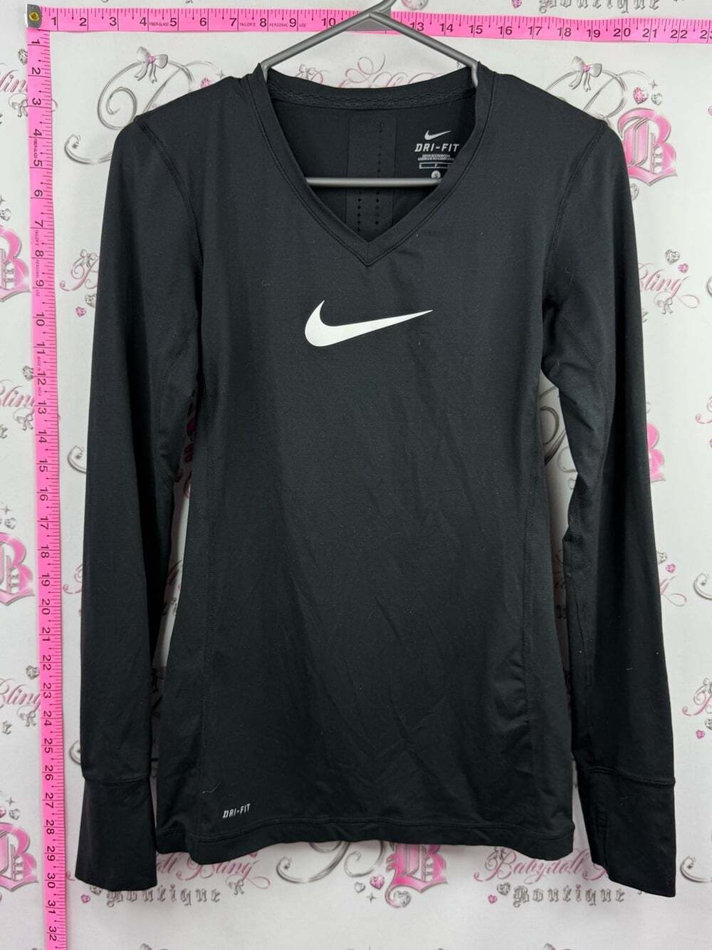 Nike dri fit Black Long Sleeve Dri-FIT V-Neck Top with White Swoosh